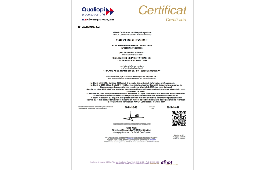 Certificat QUALIOPI